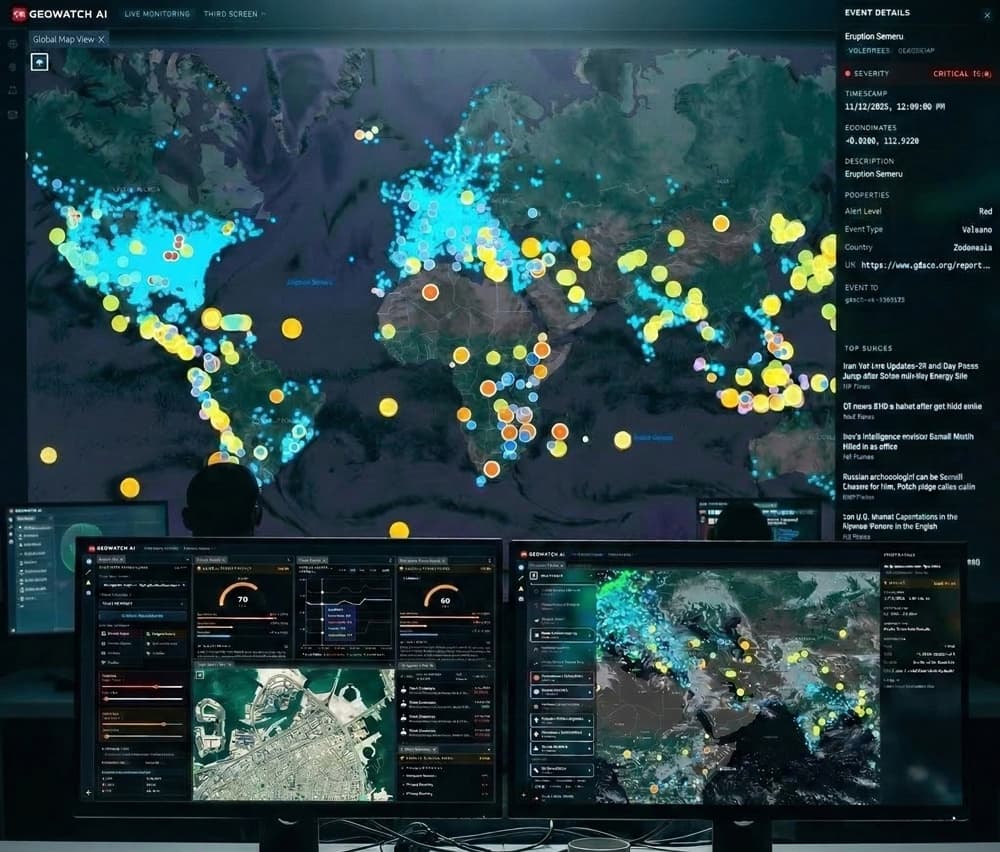 GeoWatch AI deployed in a multi-monitor command center environment