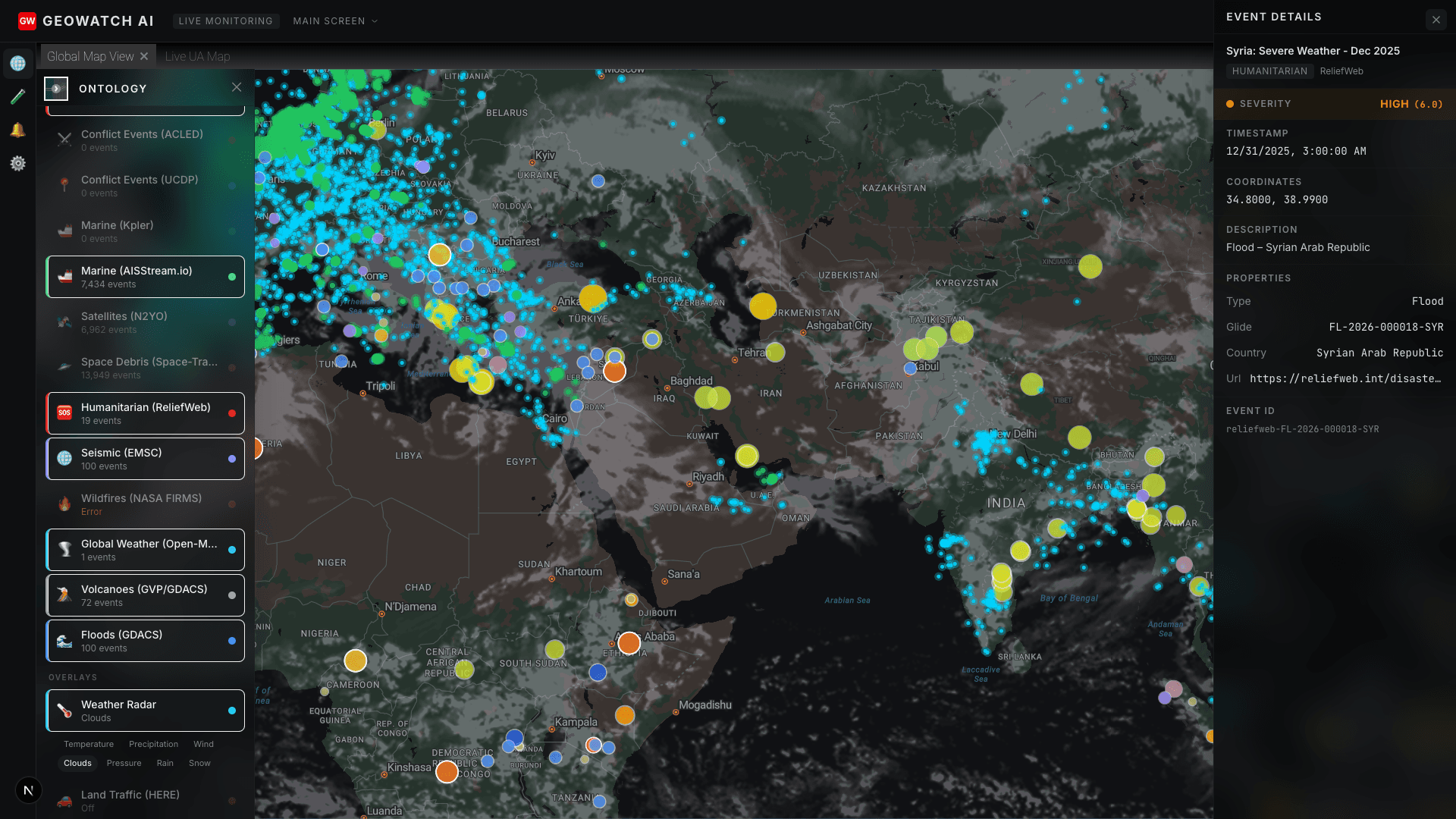 GeoWatch AI Global Map — Real-time event tracking, multi-layer ontology, and geospatial intelligence overlay